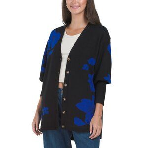 SUGAR LIPS black/cobalt blue Kassey Floral Button Down Long Cardigan